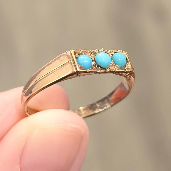 Other - Antique Turquoise Gold Ring: three stone natural Victorian Edwardian 9K 10K gold
